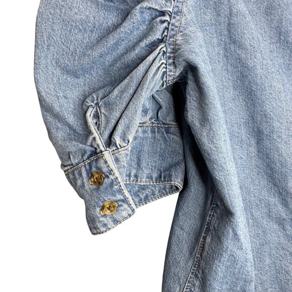 Industry Blue Denim Button Shirt with Puff Ruffle Ruche Sleeve Women sz L - Picture 9 of 9